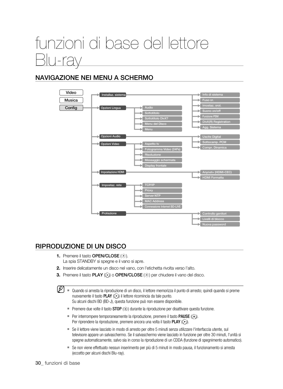 Samsung BD-P1500/EDC, BD-P1500/XEF manual Navigazione NEI Menu a Schermo, Riproduzione DI UN Disco, Funzioni di base 