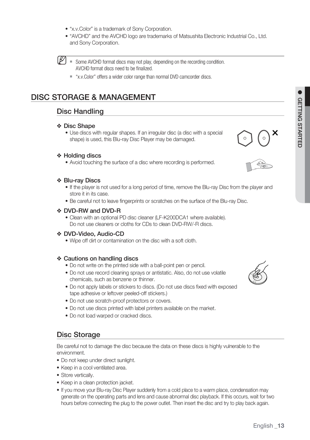 Samsung BD-P1500/XEF, BD-P1500/EDC manual Disc Storage & Management, Disc Handling, Color is a trademark of Sony Corporation 