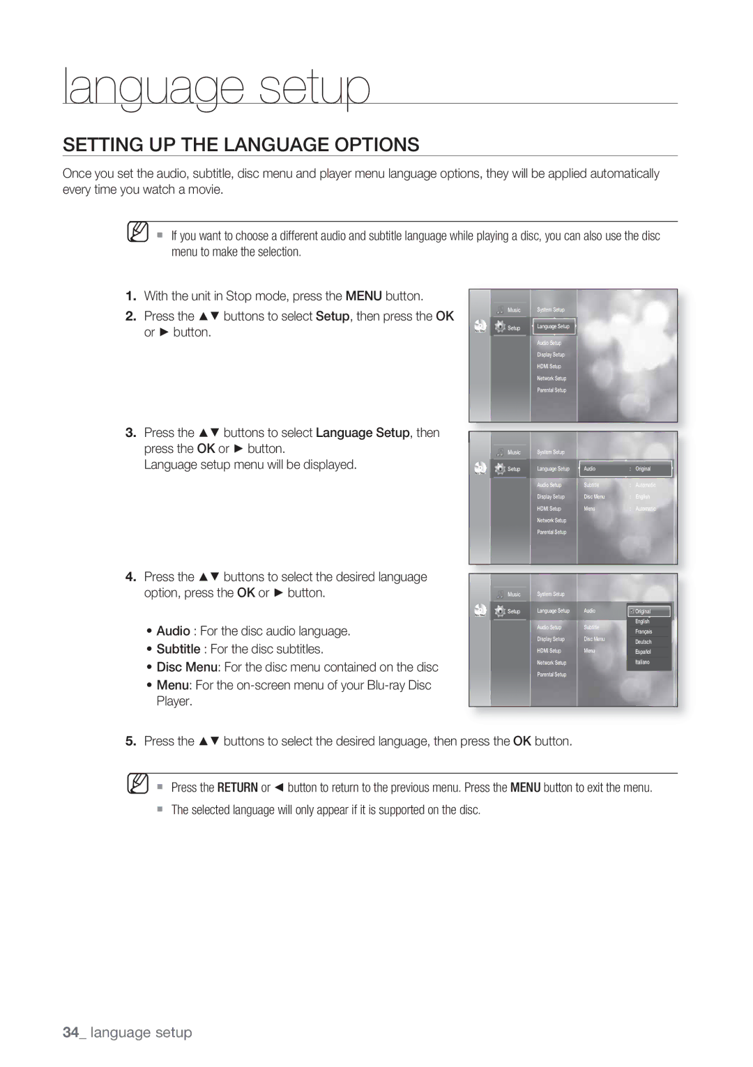 Samsung BD-P1500/EDC, BD-P1500/XEF manual Language setup, Setting UP the Language Options 