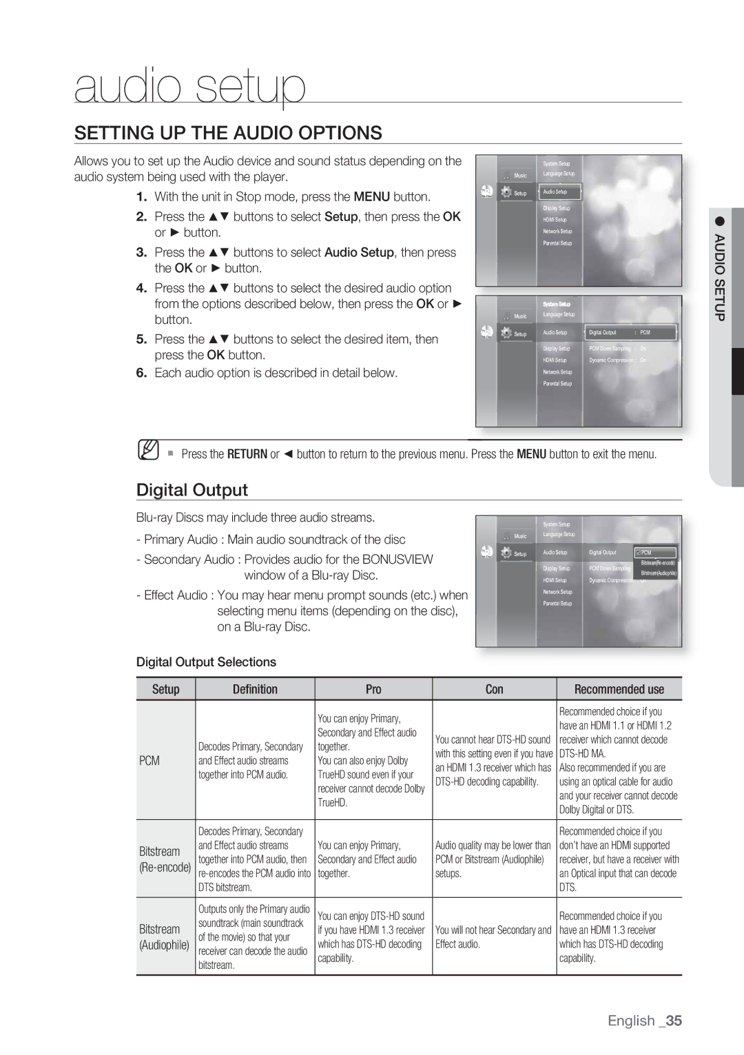 Samsung BD-P1500/XEF, BD-P1500/EDC manual Audio setup, Setting UP the Audio Options, Digital Output, Audio Setup, Pcm 