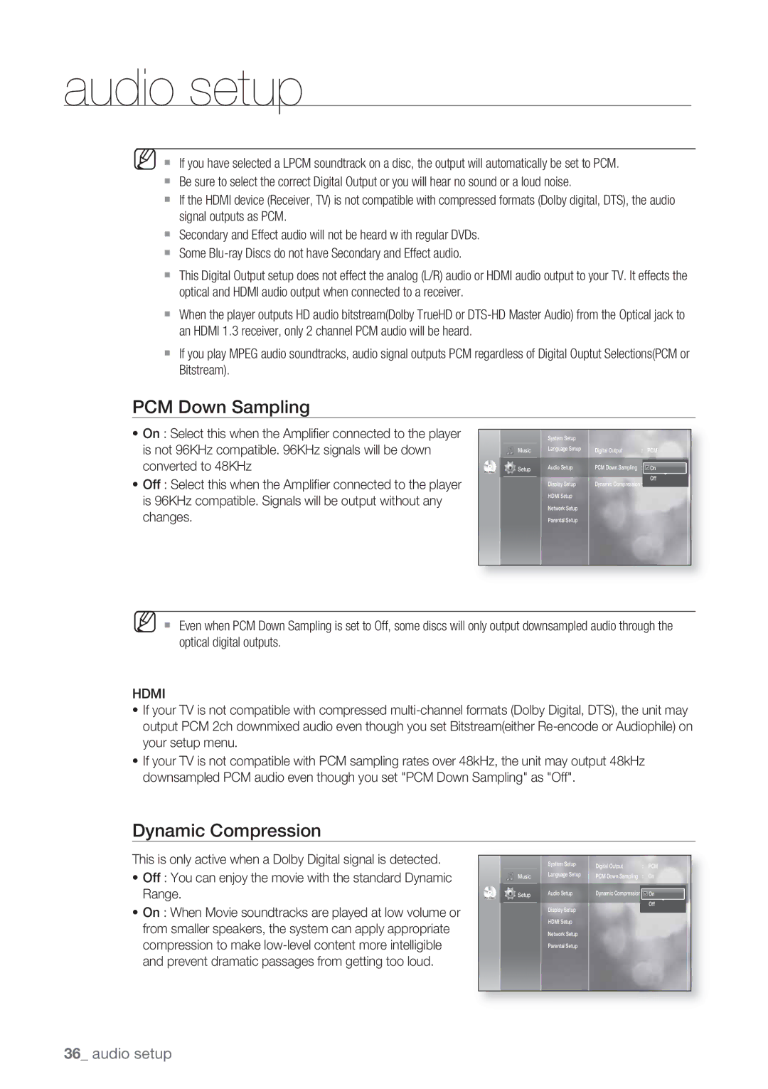 Samsung BD-P1500/EDC, BD-P1500/XEF manual PCM Down Sampling, Dynamic Compression, Hdmi 