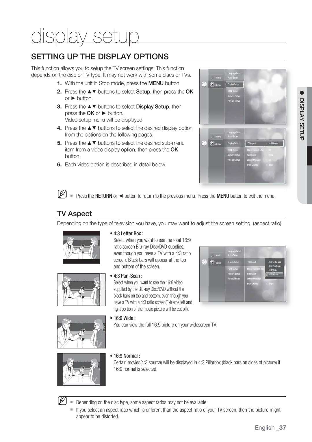 Samsung BD-P1500/XEF, BD-P1500/EDC manual Display setup, Setting UP the Display Options, TV Aspect, Display Setup 