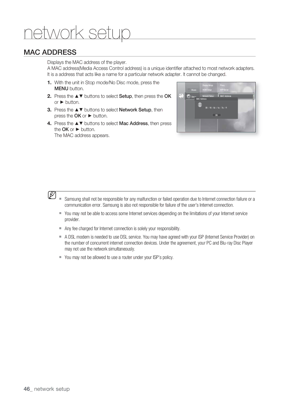 Samsung BD-P1500/EDC, BD-P1500/XEF manual Network setup, MAC Address, Displays the MAC address of the player 