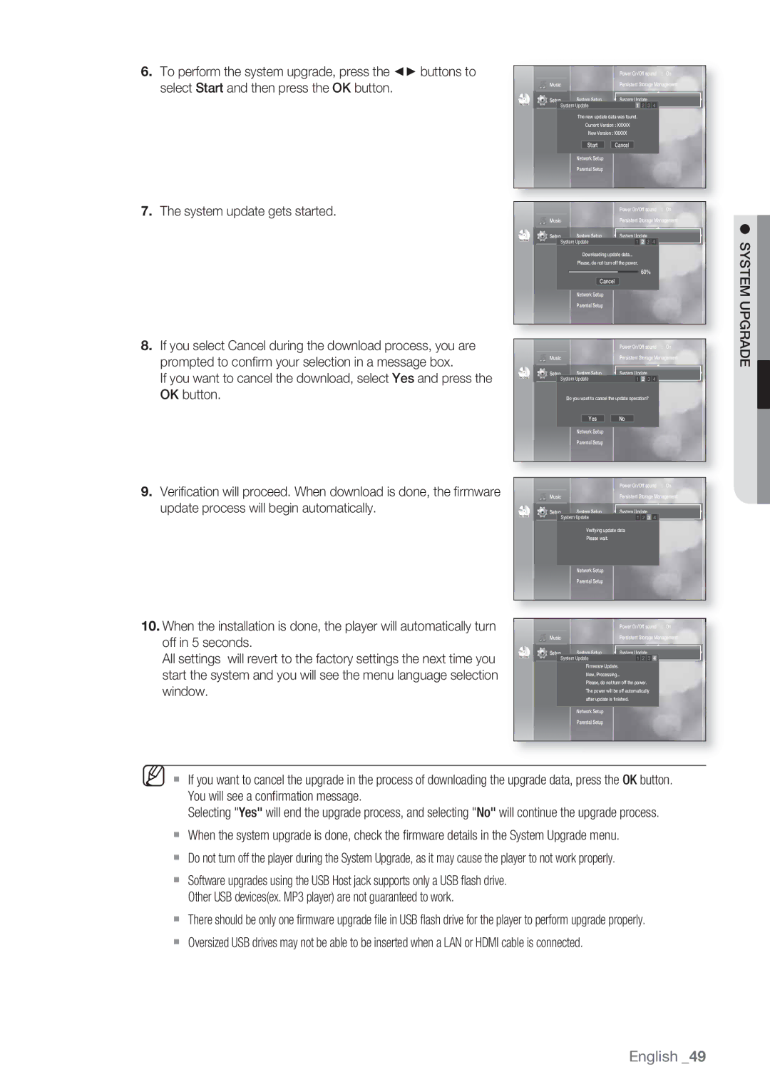 Samsung BD-P1500/XEF manual To perform the system upgrade, press the buttons to, Select Start and then press the OK button 