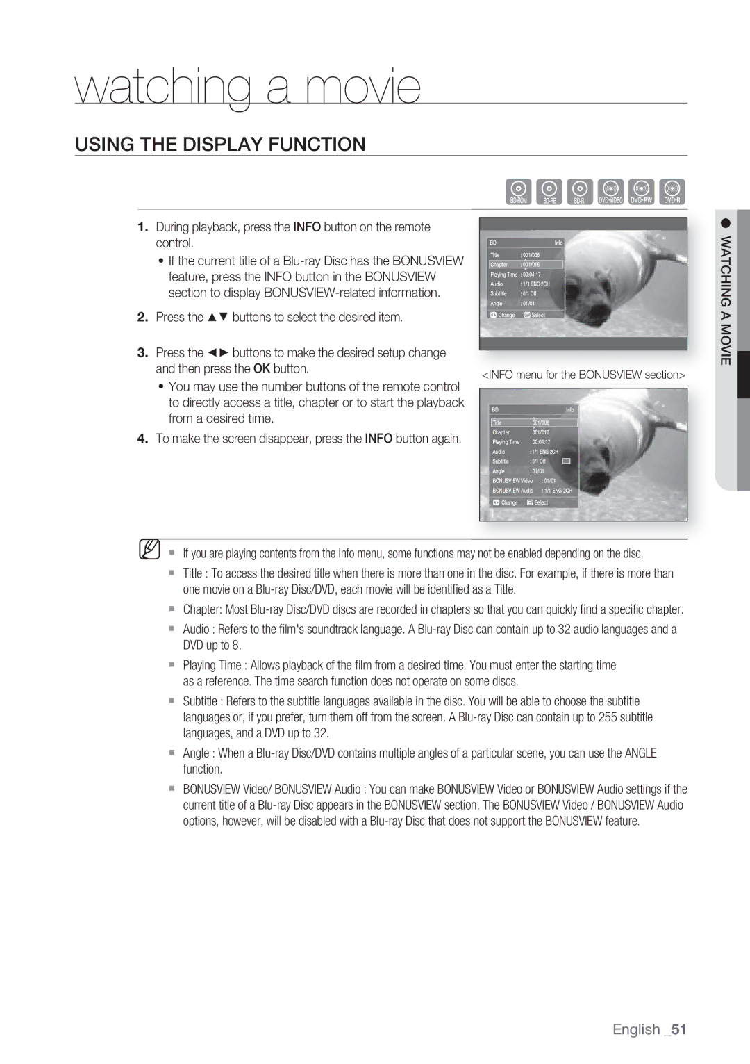 Samsung BD-P1500/XEF, BD-P1500/EDC manual Watching a movie, Using the Display Function, Watching a Movie 