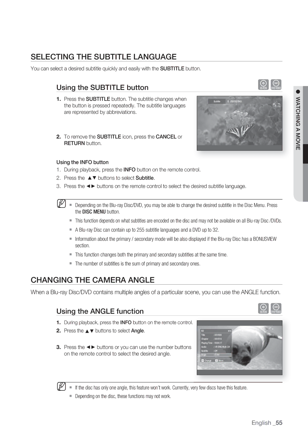 Samsung BD-P1500/XEF, BD-P1500/EDC Selecting the Subtitle Language, Changing the Camera Angle, Using the Subtitle button 