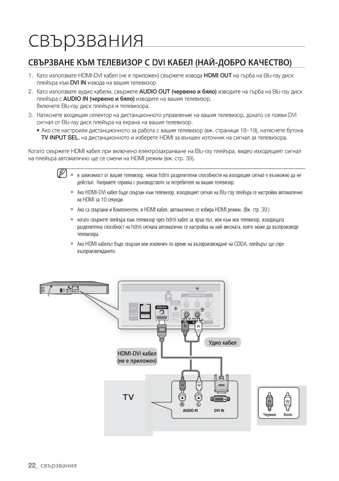 Samsung BD-P1500/EDC manual Свързване КЪМ Телевизор С DVI Кабел НАЙ-ДОБРО Качество, 22 свързвания, Удио кабел 