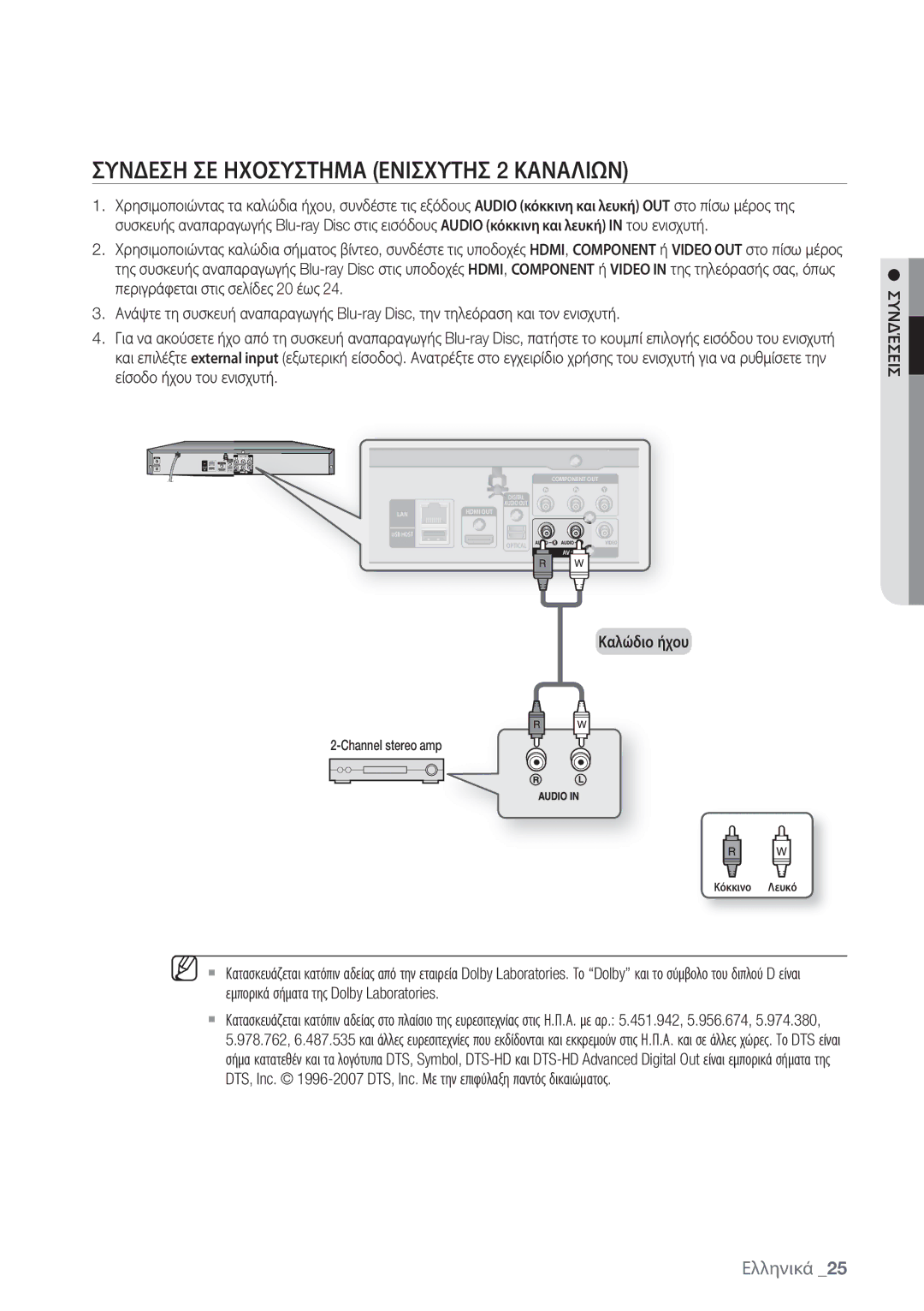 Samsung BD-P1500/EDC manual Συνδεση ΣΕ Ηχοσυστημα Ενισχυτησ 2 Καναλιων 