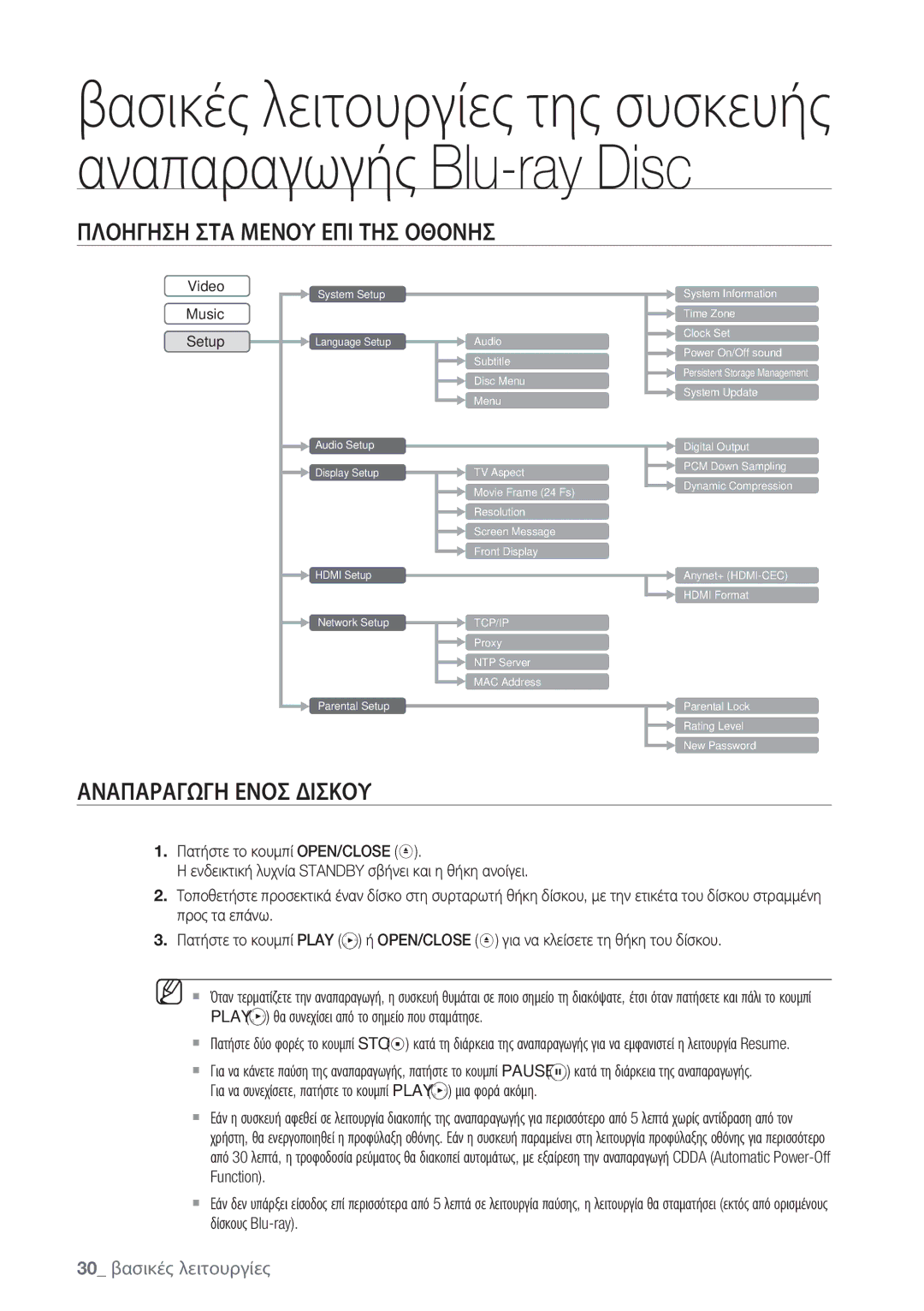 Samsung BD-P1500/EDC manual Πλοηγηση ΣΤΑ Μενου ΕΠΙ ΤΗΣ Οθονησ, Αναπαραγωγη Ενοσ Δισκου, 30 βασικές λειτουργίες 