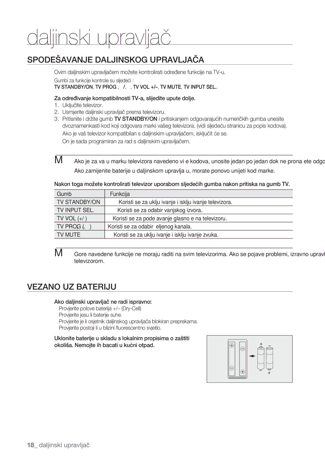 Samsung BD-P1500/EDC manual Spodešavanje Daljinskog Upravljača, Vezano UZ Bateriju, Tv Standby/On, TV Input SEL, TV Mute 