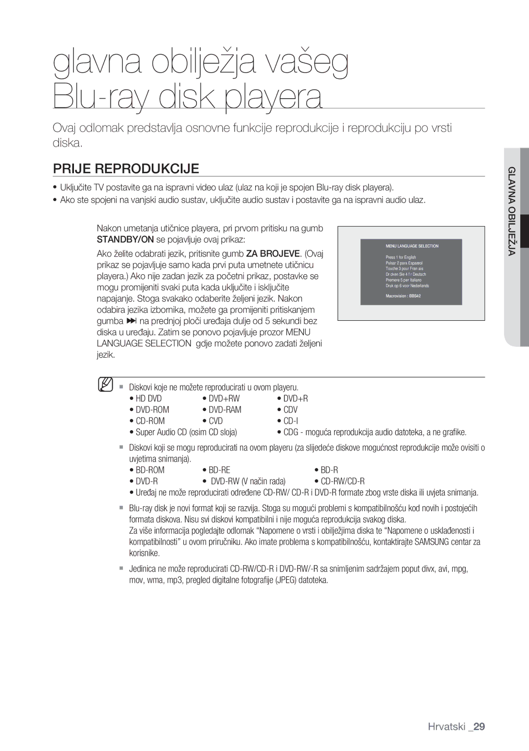 Samsung BD-P1500/EDC manual Prije Reprodukcije, Glavna, Obilježja, Hd Dvd Dvd+Rw Dvd-Rom Dvd-Ram Cdv Cd-Rom Cvd 