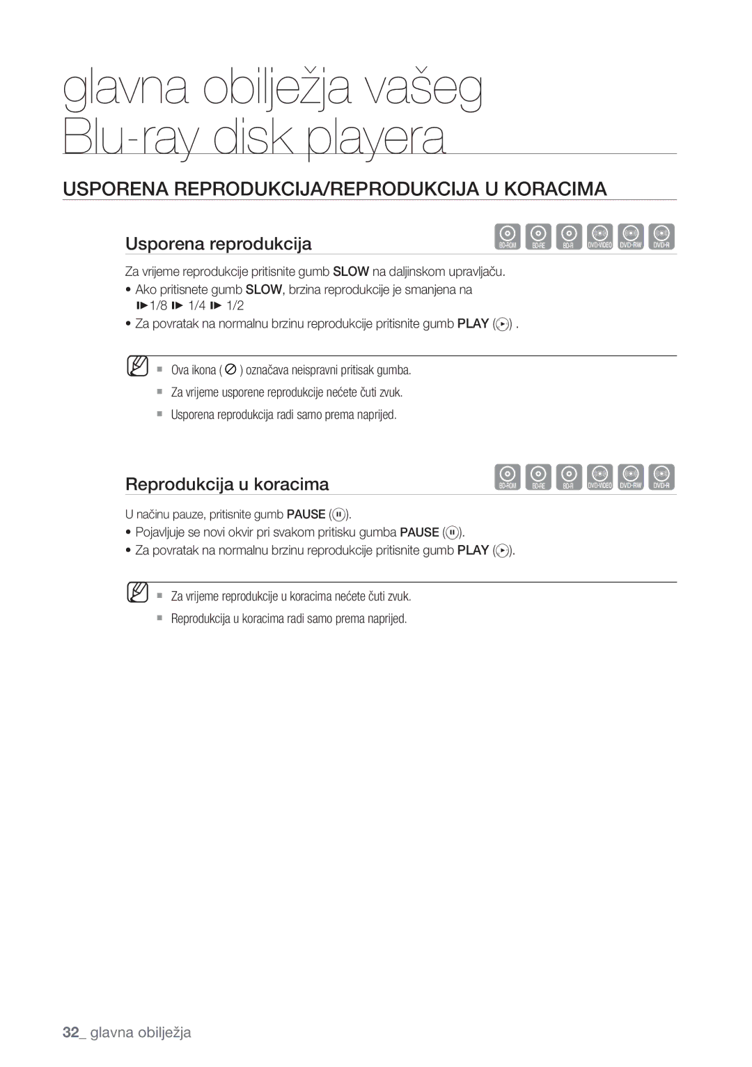 Samsung BD-P1500/EDC manual Usporena REPRODUKCIJA/REPRODUKCIJA U Koracima, Usporena reprodukcija, Reprodukcija u koracima 