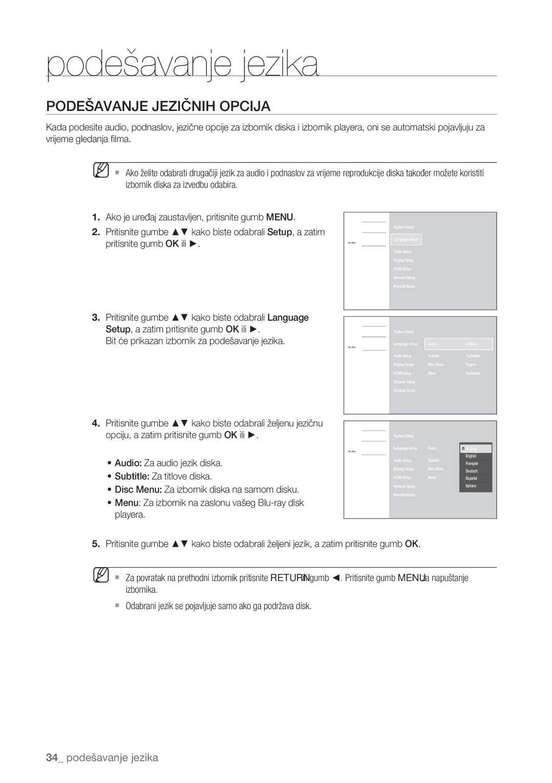 Samsung BD-P1500/EDC manual Podešavanje jezika, Podešavanje Jezičnih Opcija 