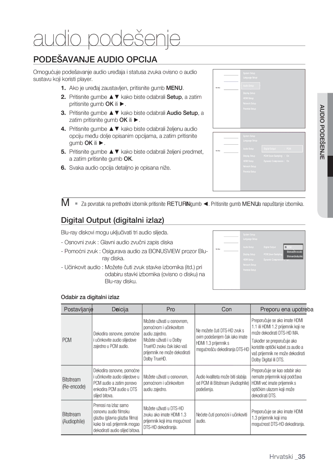 Samsung BD-P1500/EDC manual Audio podešenje, Podešavanje Audio Opcija, Digital Output digitalni izlaz, Audio Podešenje, Pcm 