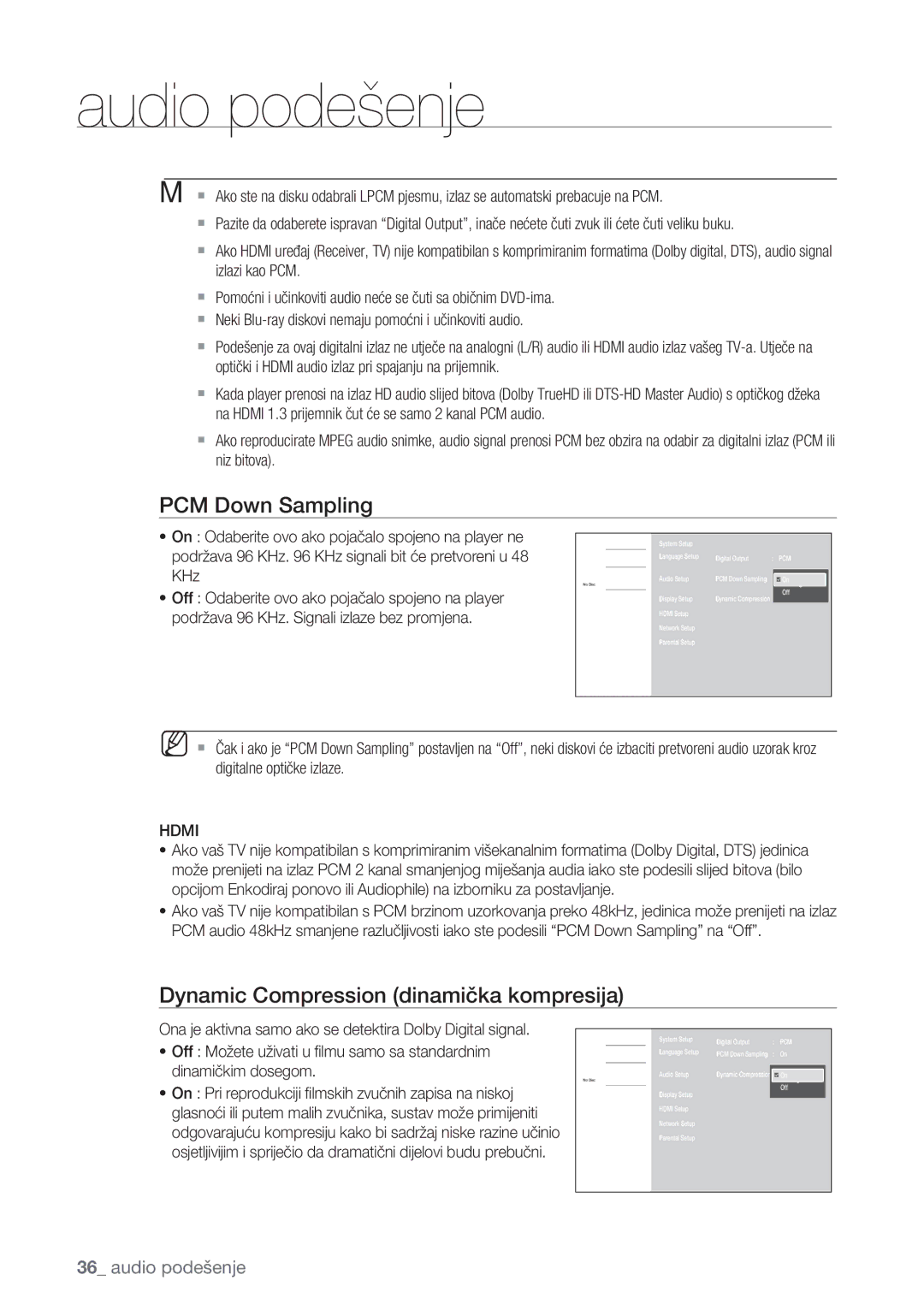 Samsung BD-P1500/EDC manual PCM Down Sampling, Dynamic Compression dinamička kompresija, KHz, Hdmi 