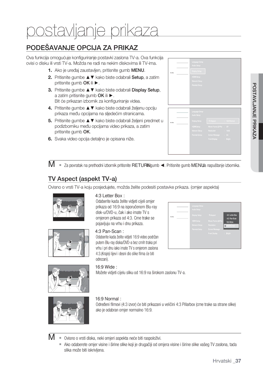 Samsung BD-P1500/EDC manual Postavljanje prikaza, Podešavanje Opcija ZA Prikaz, TV Aspect aspekt TV-a, Postavljanje Prikaza 