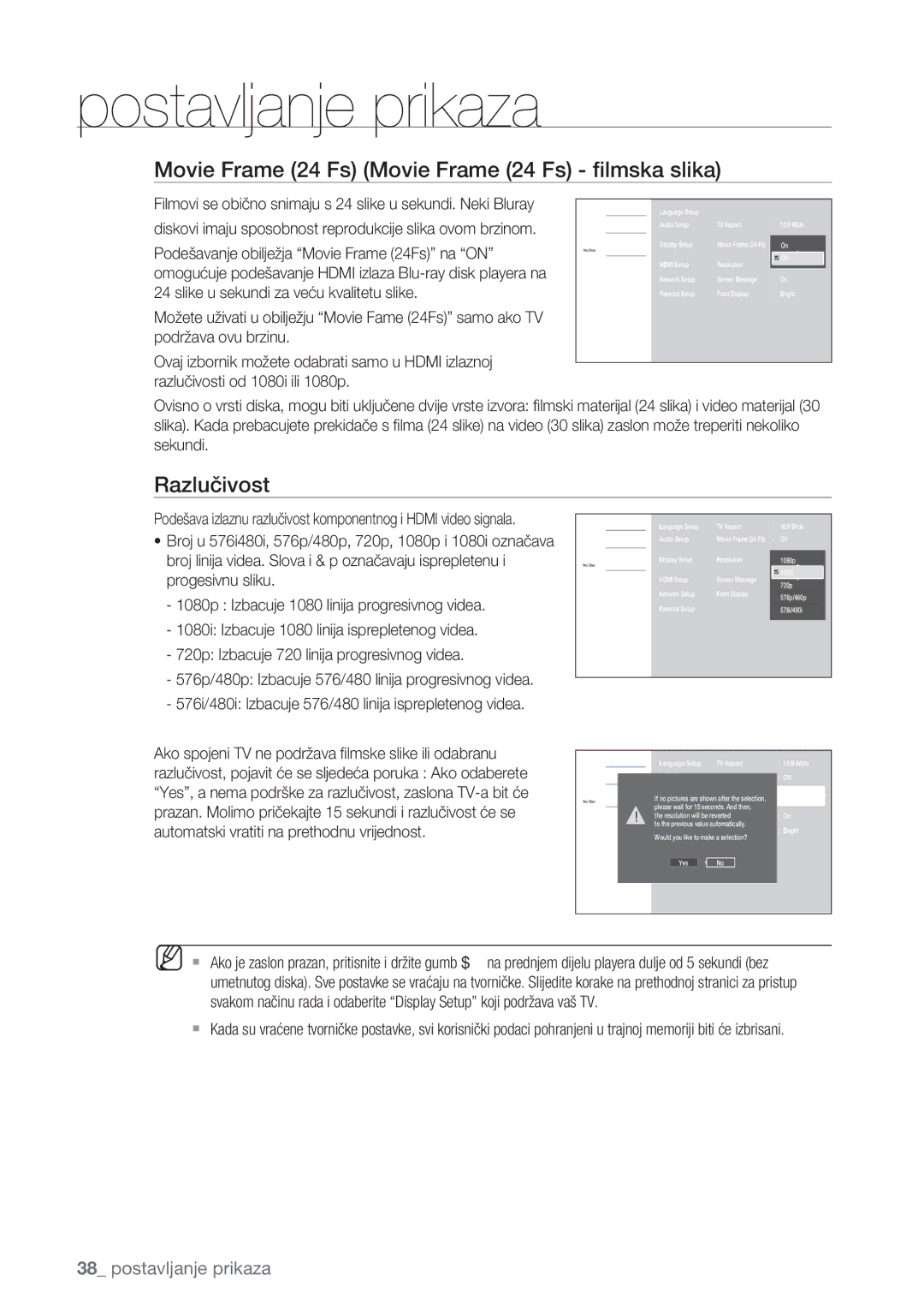 Samsung BD-P1500/EDC manual Movie Frame 24 Fs Movie Frame 24 Fs ﬁlmska slika, Razlučivost 