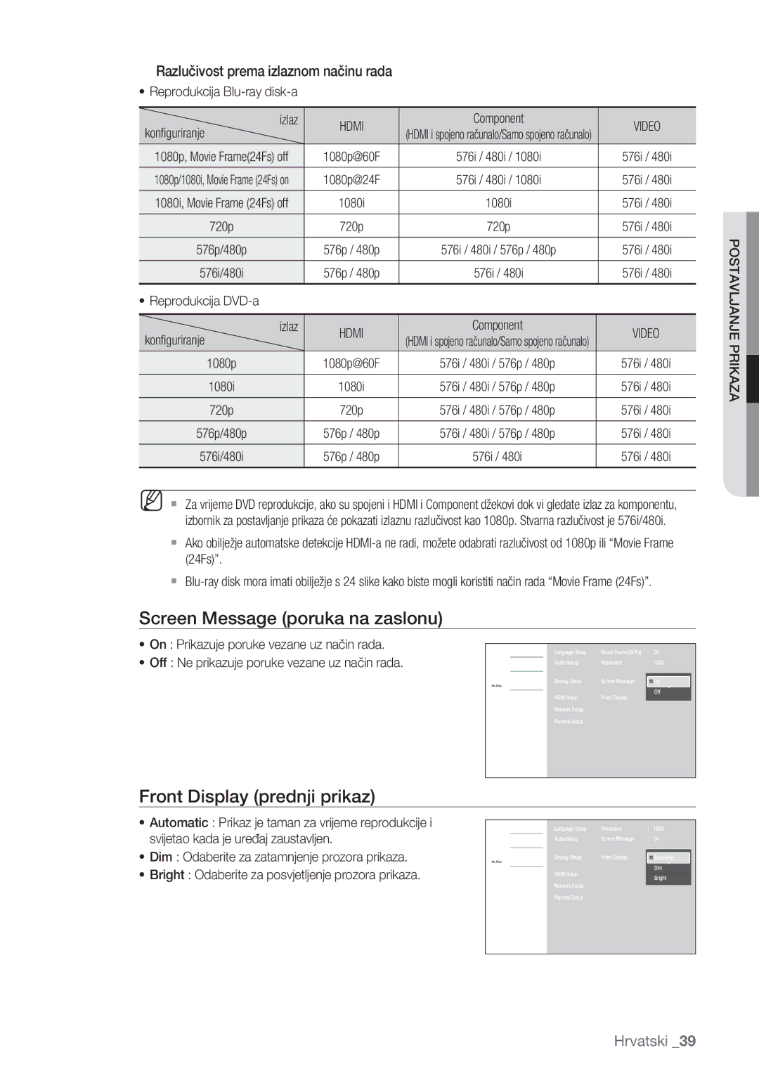 Samsung BD-P1500/EDC manual Screen Message poruka na zaslonu, Front Display prednji prikaz, Video 