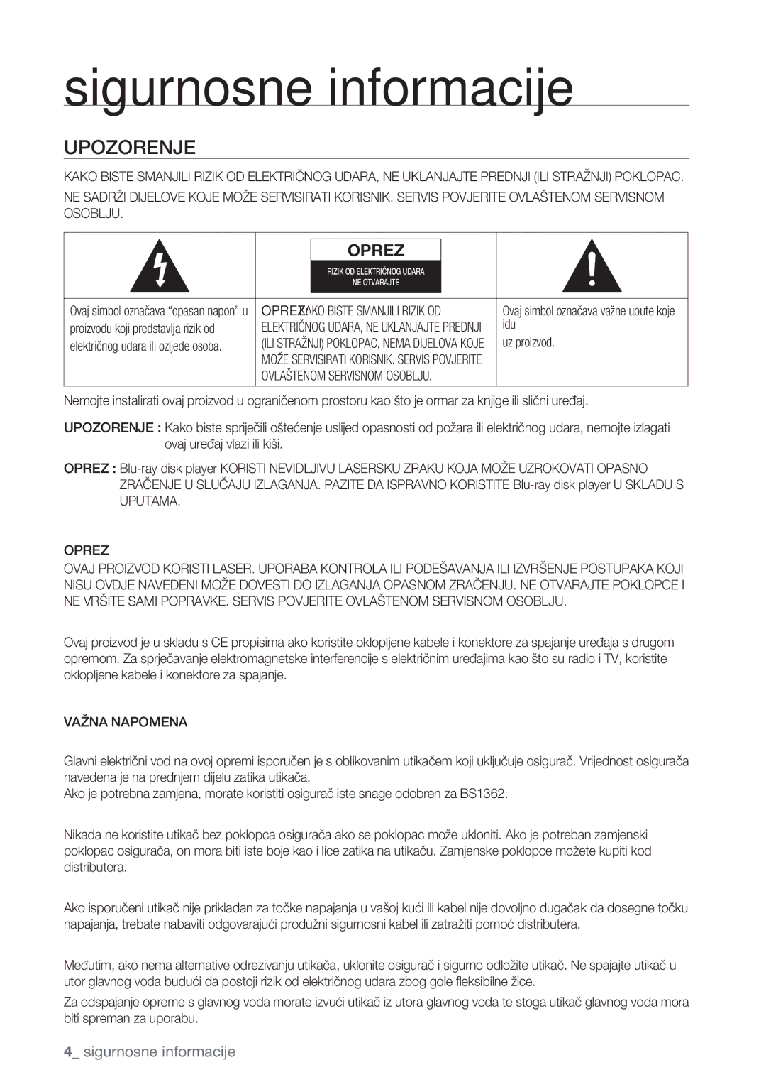 Samsung BD-P1500/EDC manual Sigurnosne informacije, Upozorenje, Oprez, Važna Napomena 