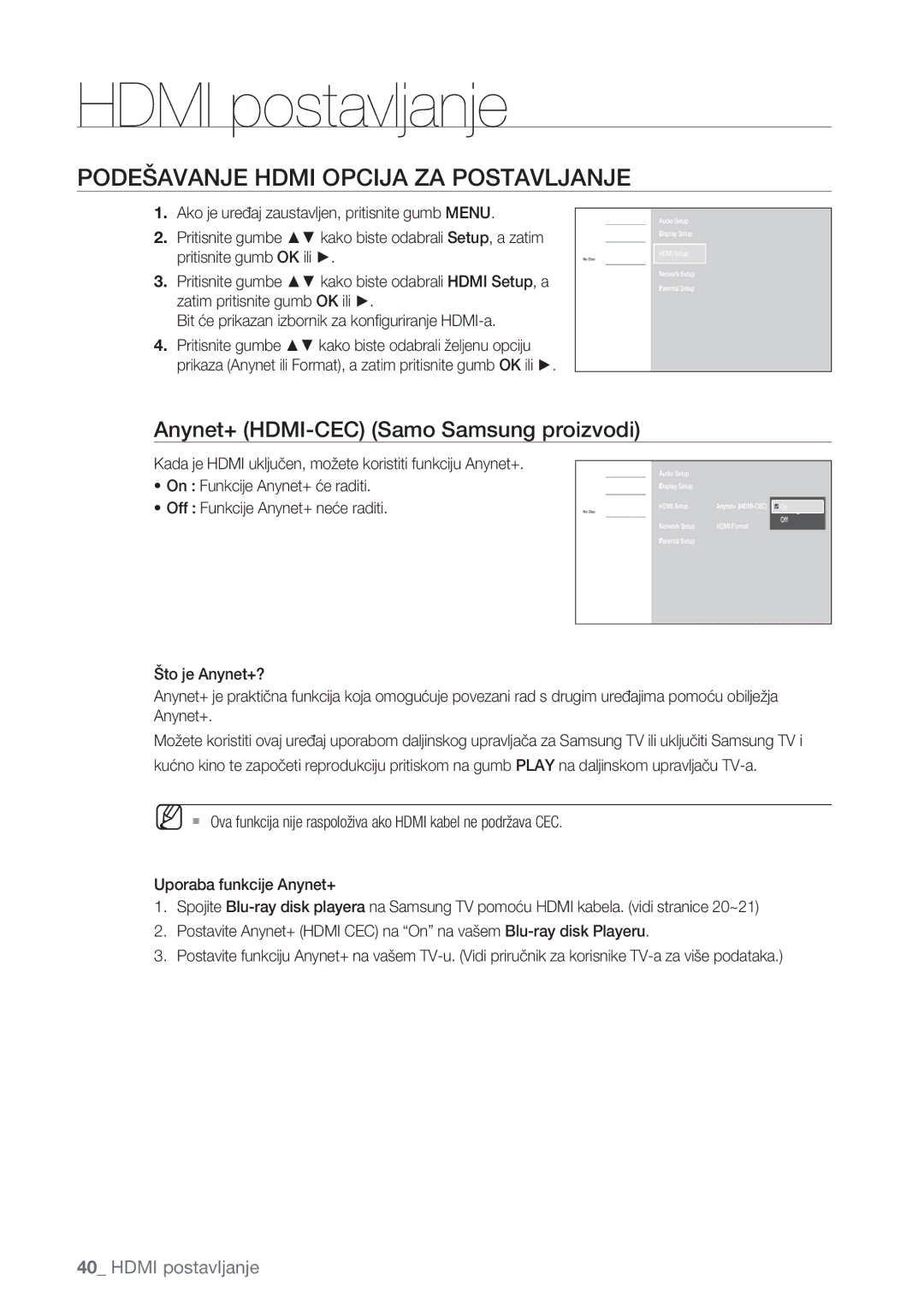 Samsung BD-P1500/EDC Hdmi postavljanje, Podešavanje Hdmi Opcija ZA Postavljanje, Anynet+ HDMI-CEC Samo Samsung proizvodi 