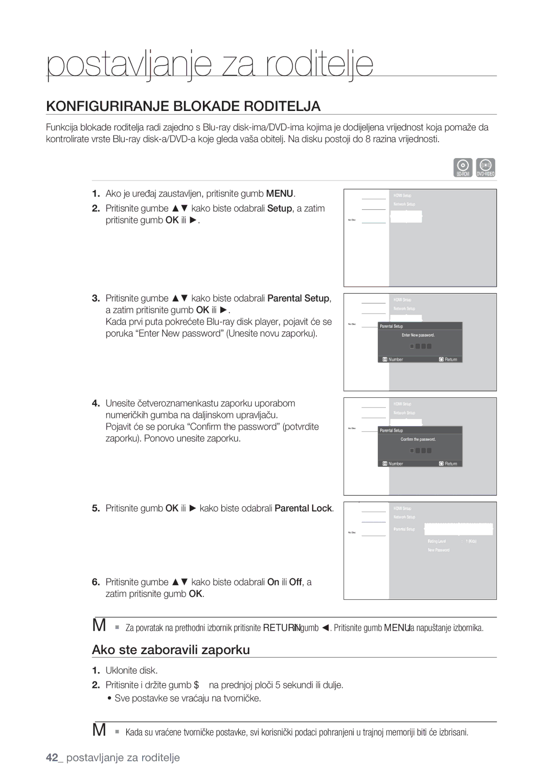 Samsung BD-P1500/EDC manual Postavljanje za roditelje, Konfiguriranje Blokade Roditelja, Ako ste zaboravili zaporku 