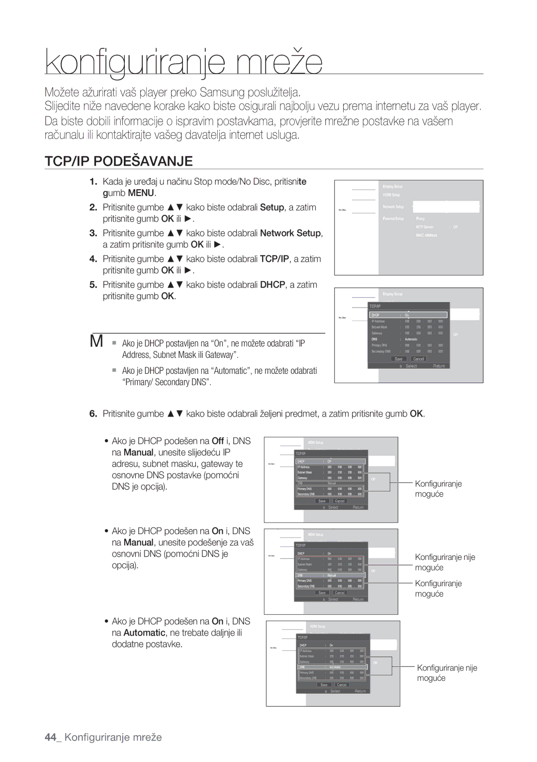 Samsung BD-P1500/EDC manual TCP/IP Podešavanje, Možete ažurirati vaš player preko Samsung poslužitelja 