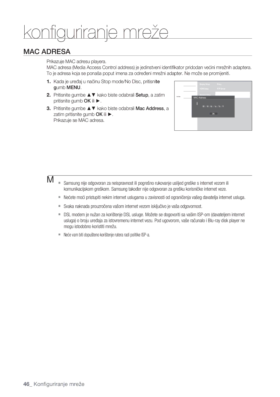 Samsung BD-P1500/EDC manual Konﬁguriranje mreže, MAC Adresa, Prikazuje MAC adresu playera 