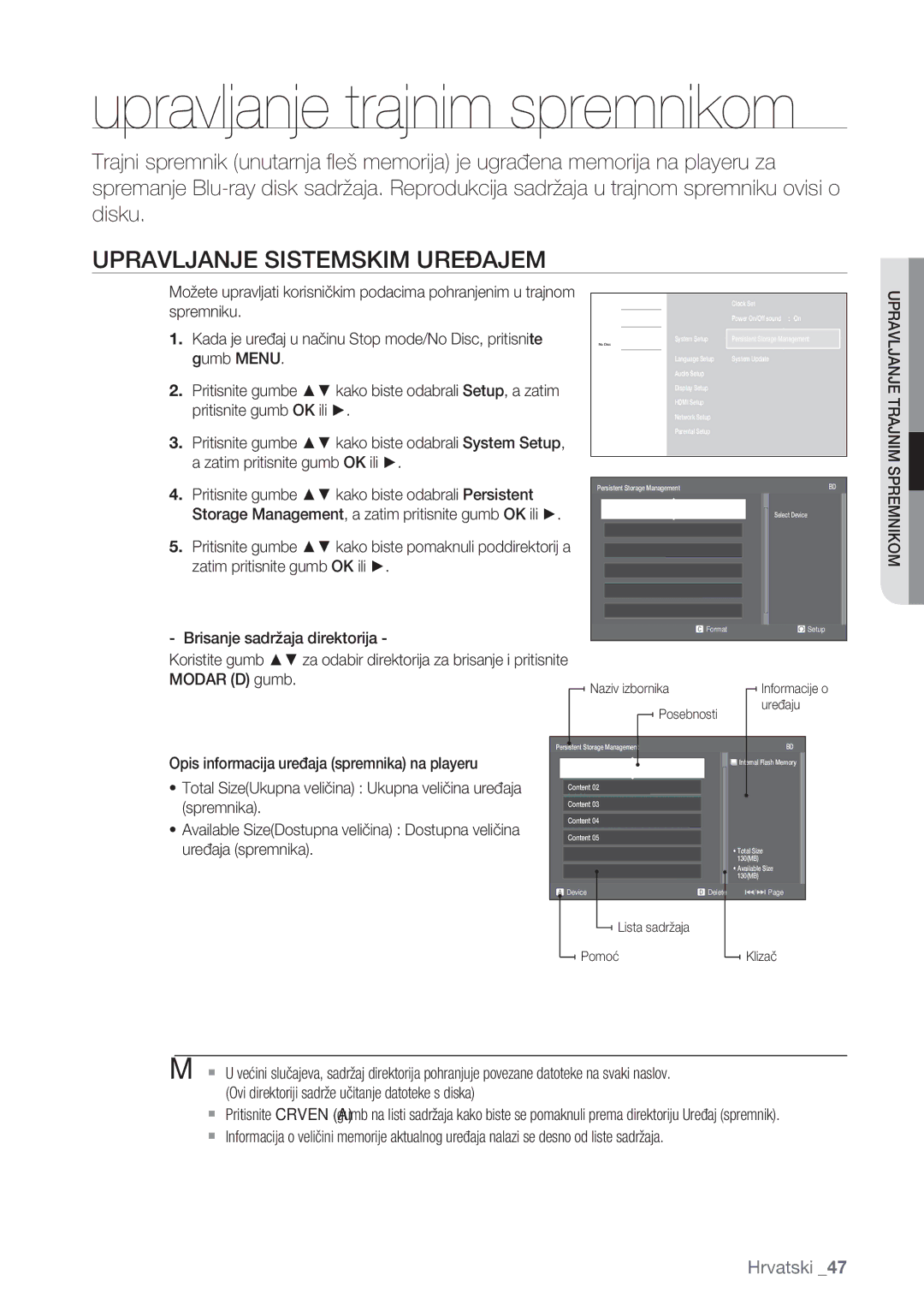 Samsung BD-P1500/EDC manual Upravljanje Sistemskim Uređajem, Brisanje sadržaja direktorija, Modar D gumb 