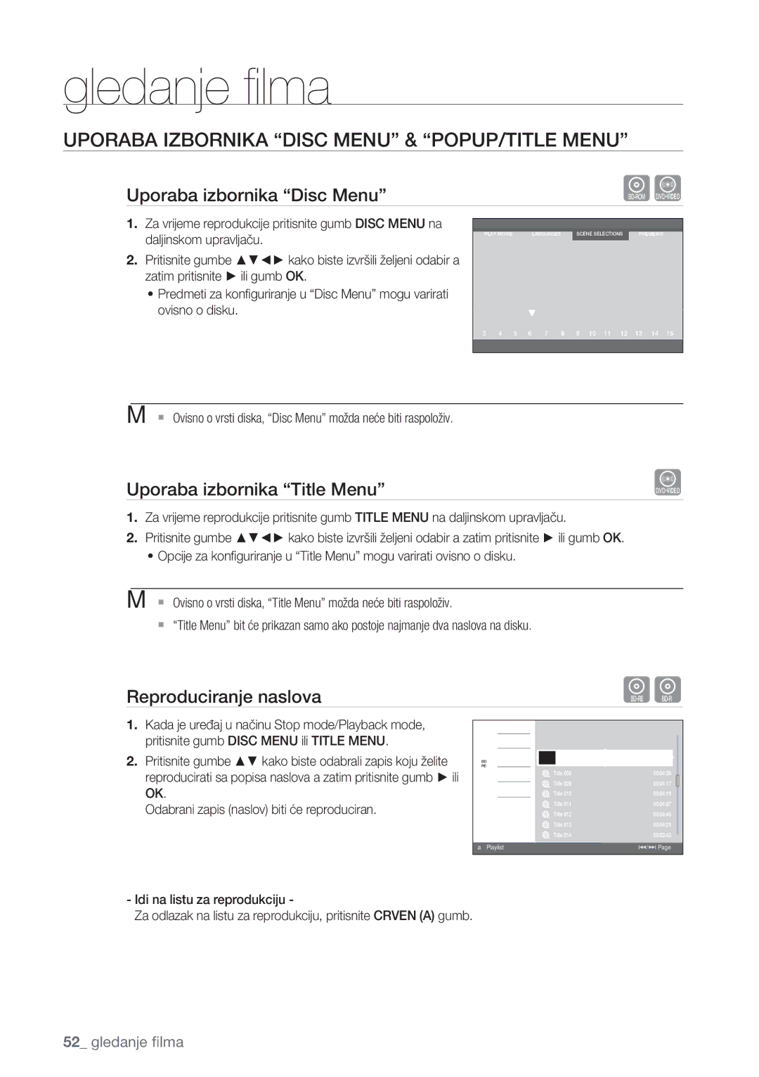 Samsung BD-P1500/EDC Uporaba Izbornika Disc Menu & POPUP/TITLE Menu, Uporaba izbornika Disc Menu, Reproduciranje naslova 