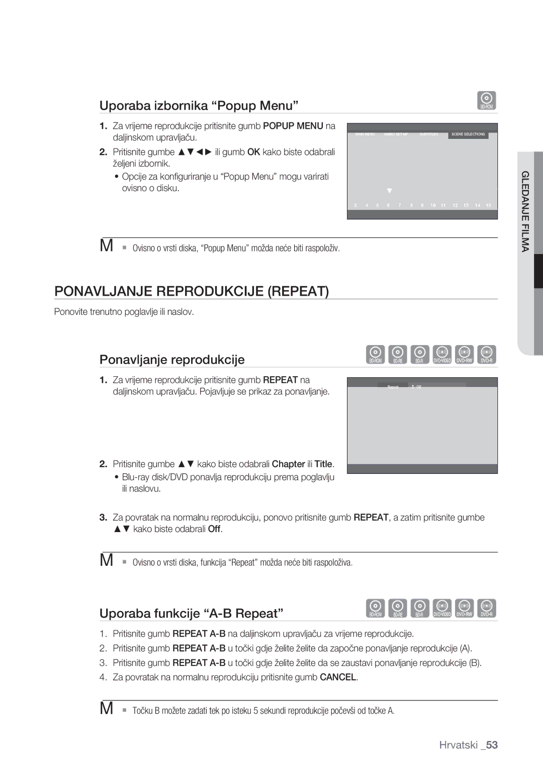 Samsung BD-P1500/EDC manual Ponavljanje Reprodukcije Repeat, Uporaba izbornika Popup Menu, Ponavljanje reprodukcije 