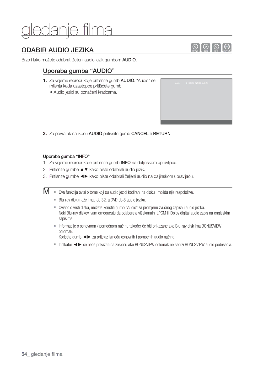 Samsung BD-P1500/EDC Odabir Audio Jezika, Uporaba gumba Audio, Za vrijeme reprodukcije pritisnite gumb AUDIO. Audio se 