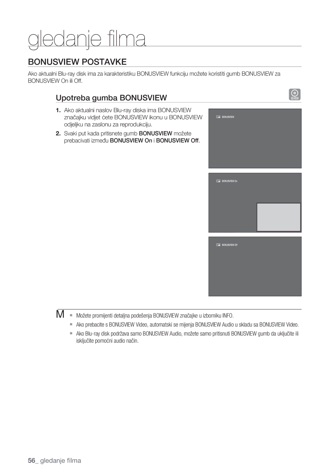 Samsung BD-P1500/EDC manual Bonusview Postavke, Upotreba gumba Bonusview, Odjeljku na zaslonu za reprodukciju 