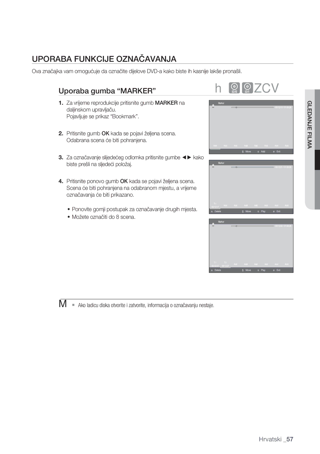 Samsung BD-P1500/EDC manual Uporaba Funkcije Označavanja, Uporaba gumba Marker, Možete označiti do 8 scena 