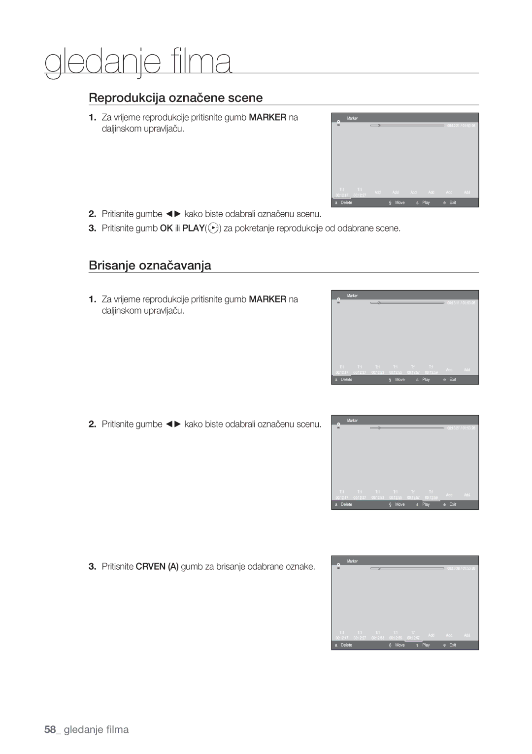 Samsung BD-P1500/EDC manual Reprodukcija označene scene, Brisanje označavanja 