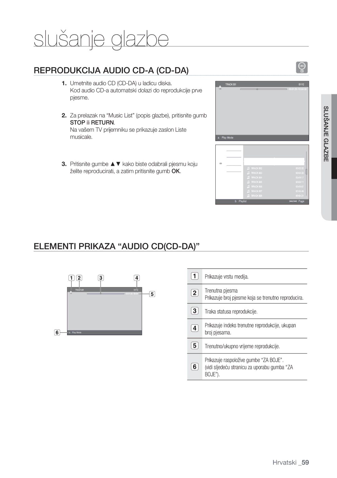 Samsung BD-P1500/EDC manual Slušanje glazbe, Reprodukcija Audio CD-A CD-DA, Elementi Prikaza Audio CDCD-DA, Slušanje Glazbe 