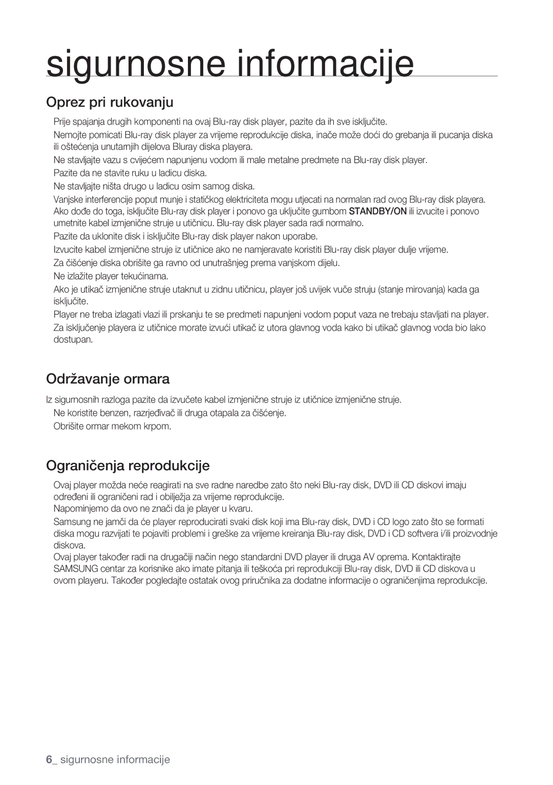 Samsung BD-P1500/EDC manual Oprez pri rukovanju 