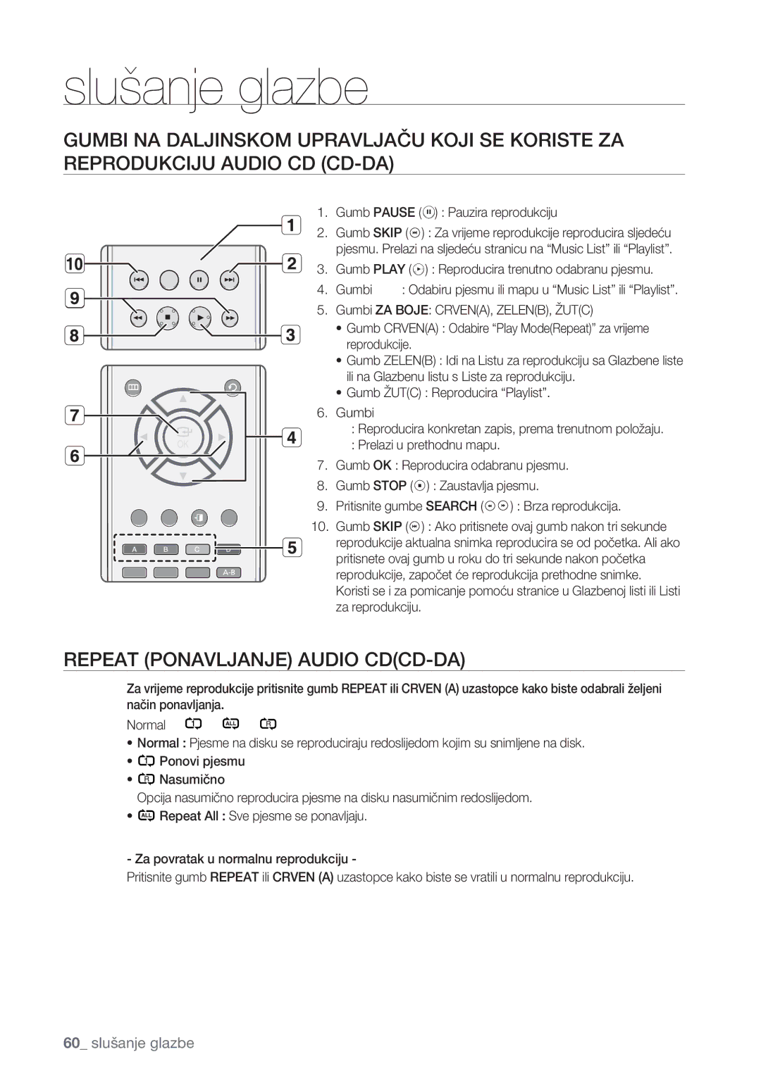 Samsung BD-P1500/EDC manual Repeat Ponavljanje Audio CDCD-DA, Gumb Pause Pauzira reprodukciju, Prelazi u prethodnu mapu 