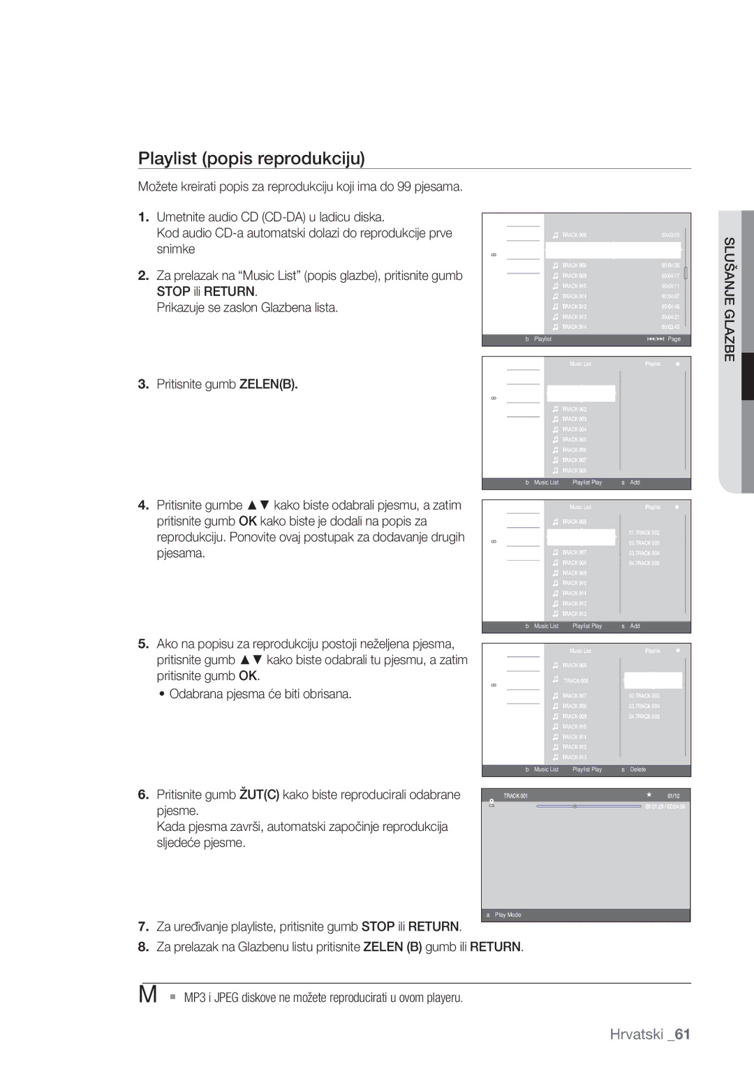 Samsung BD-P1500/EDC manual Playlist popis reprodukciju, Odabrana pjesma će biti obrisana 