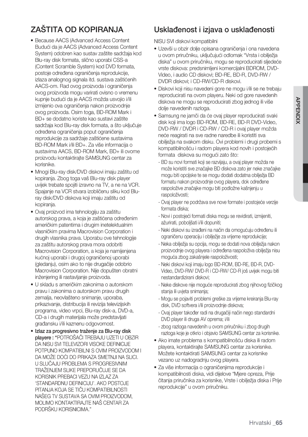 Samsung BD-P1500/EDC manual Zaštita OD Kopiranja, Nisu SVI diskovi kompatibilni, Appendix 