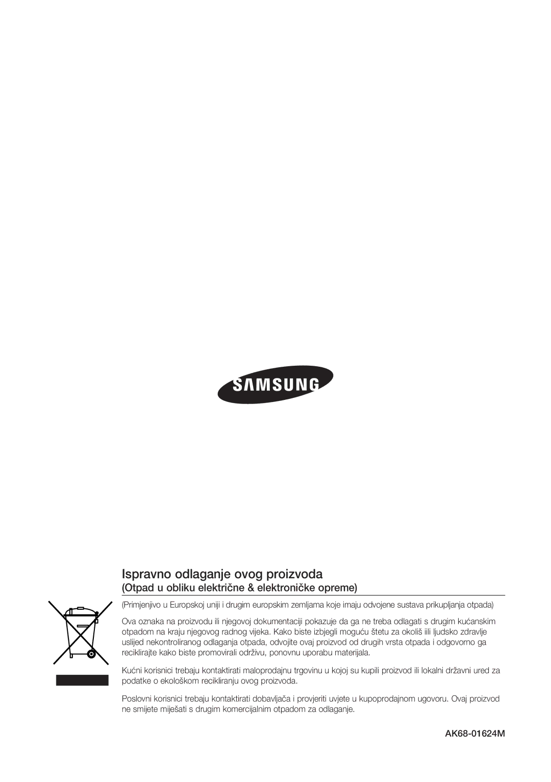 Samsung BD-P1500/EDC manual Ispravno odlaganje ovog proizvoda, Otpad u obliku električne & elektroničke opreme 