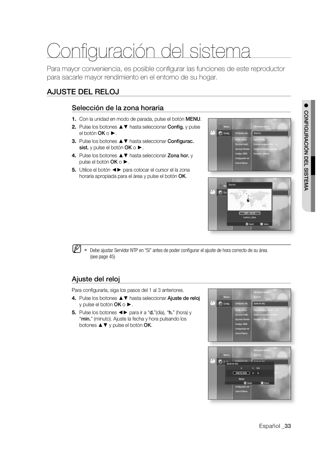 Samsung BD-P1500/MEA manual Conﬁ guración del sistema, AjUSte deL reLOj, Selección de la zona horaria, Ajuste del reloj 