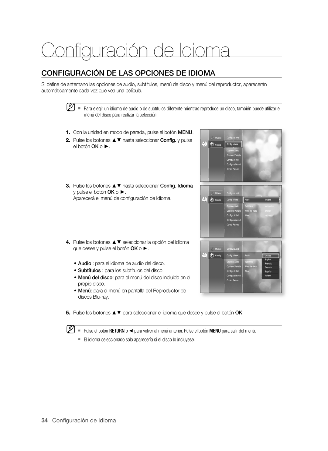 Samsung BD-P1500/UMG manual Conﬁ guración de Idioma, COnfiGUrAciÓn de LAS OPciOneS de idiOMA,  Confi guración de Idioma 