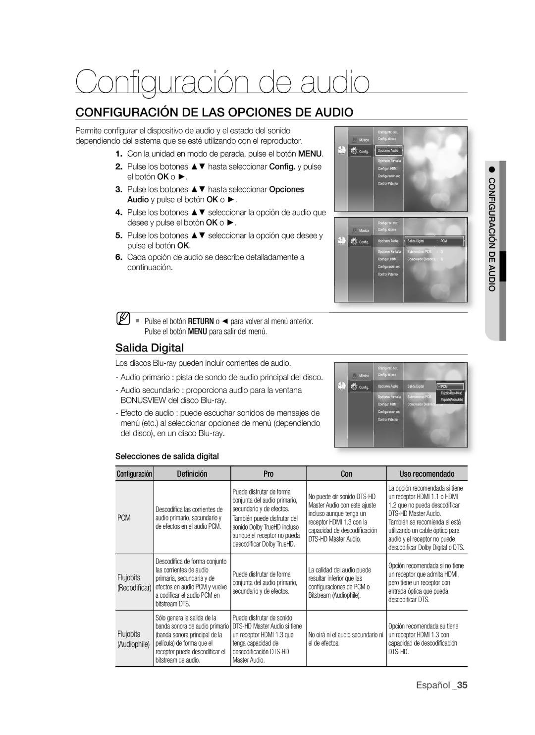 Samsung BD-P1500/MEA manual Conﬁ guración de audio, COnfiGUrAciÓn de LAS OPciOneS de AUdiO, Salida digital, Español 3 