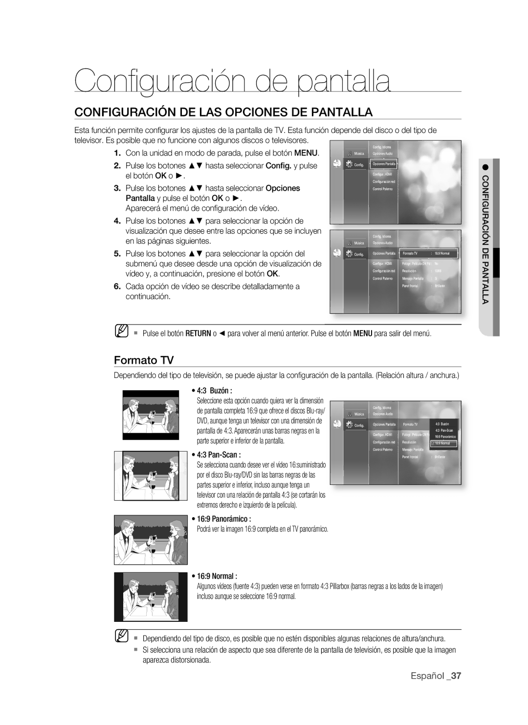 Samsung BD-P1500/MEA manual Conﬁ guración de pantalla, COnfiGUrAciÓn de LAS OPciOneS de PAntALLA, Formato tv, Pan-Scan 