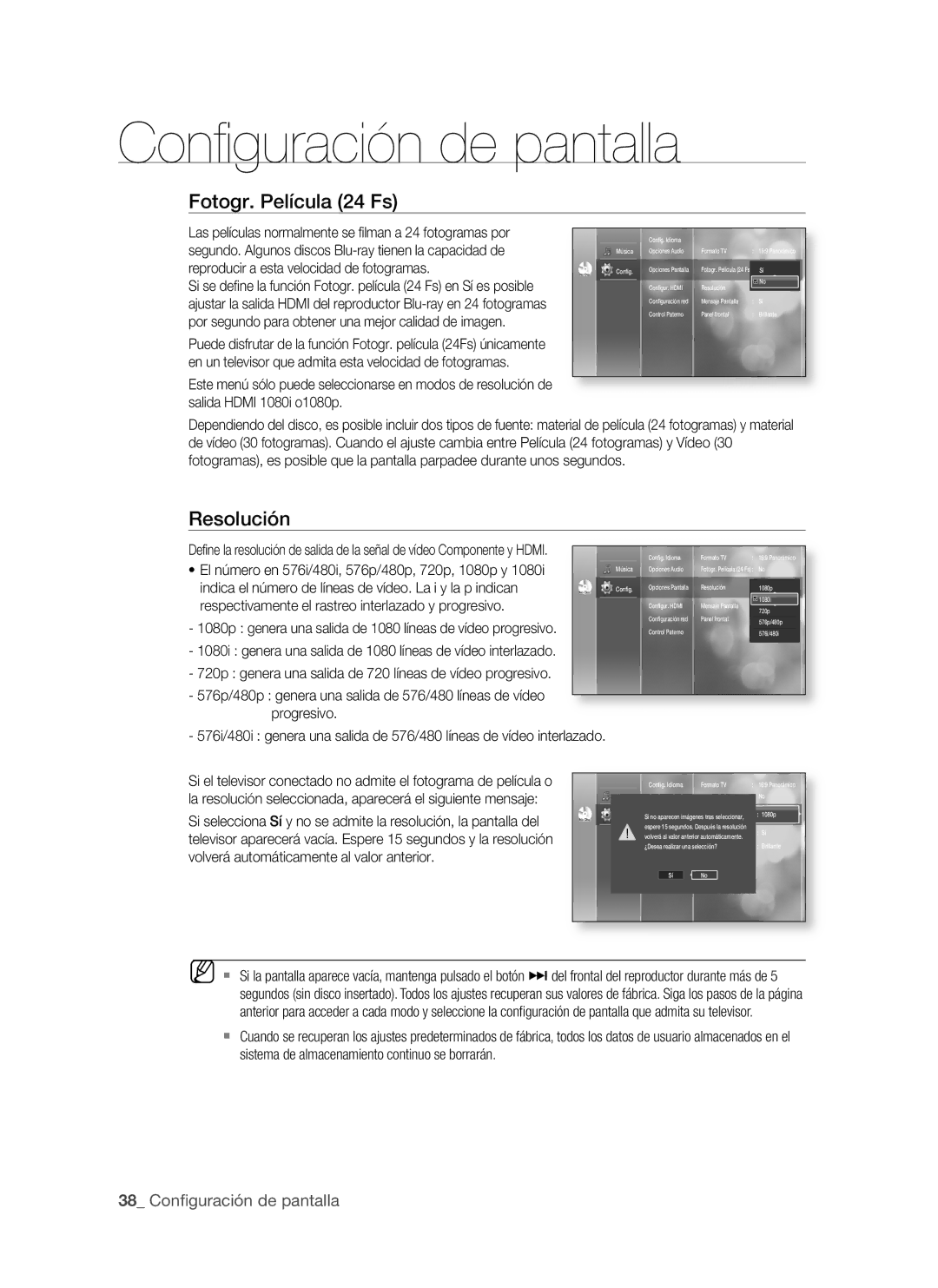 Samsung BD-P1500/UMG, BD-P1500/MEA manual Resolución,  Confi guración de pantalla 