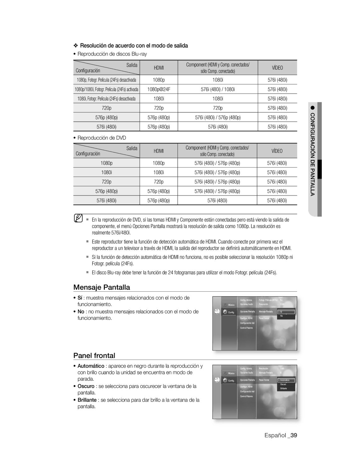 Samsung BD-P1500/MEA, BD-P1500/UMG Mensaje Pantalla, Panel frontal, Resolución de acuerdo con el modo de salida, Vídeo 