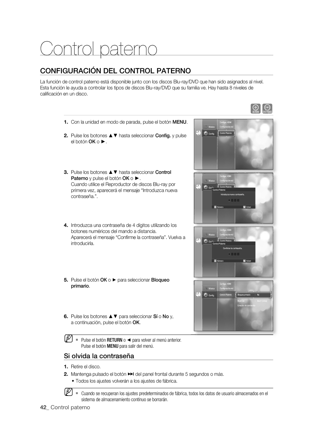 Samsung BD-P1500/UMG, BD-P1500/MEA manual COnfiGUrAciÓn deL cOntrOL PAternO, Si olvida la contraseña, 2 Control paterno 