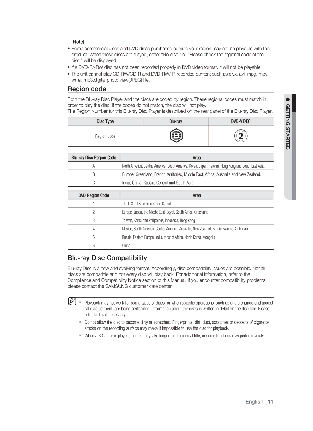 Samsung BD-P1500/UMG manual Blu-ray Disc Compatibility, Disc Type Blu-ray, Region code Blu-ray Disc Region Code Area 