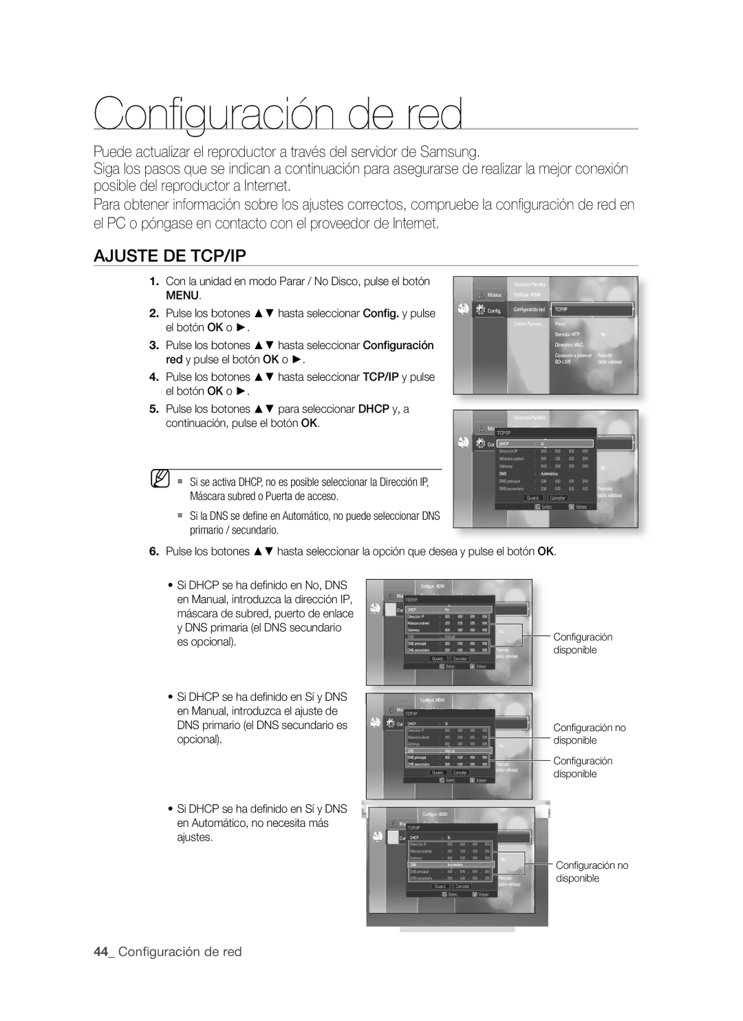 Samsung BD-P1500/UMG, BD-P1500/MEA manual AjUSte de tcP/iP,  Confi guración de red 