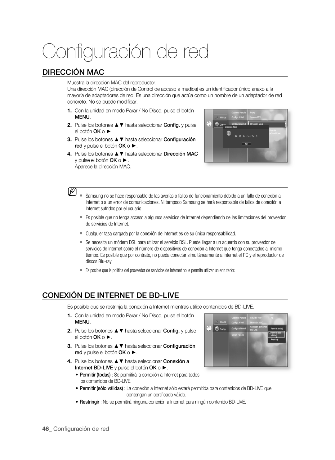 Samsung BD-P1500/UMG Conﬁ guración de red, DirecciÓn MAc, COnexiÓn de internet de Bd-Live, MenU, Red y pulse el botón OK o 